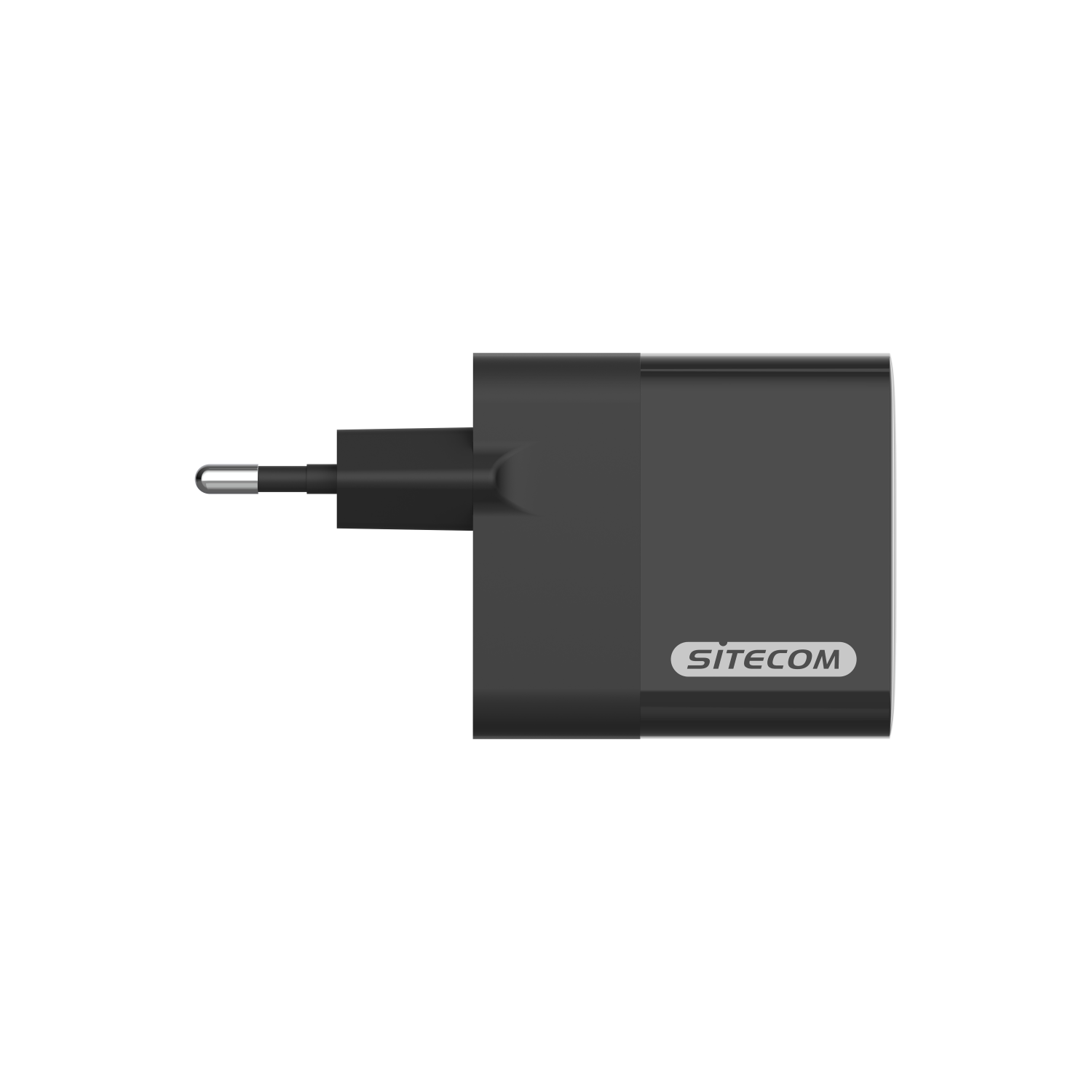 A black wall charger with a SITECOM logo. It has a plug for a power outlet on the left.