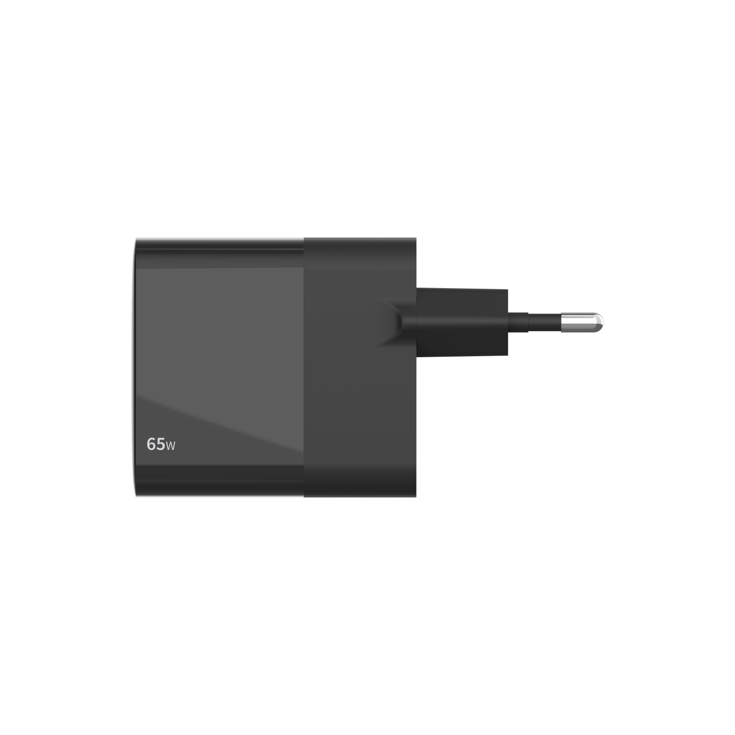 A black 65W charger with a two-prong plug, on a white background.
