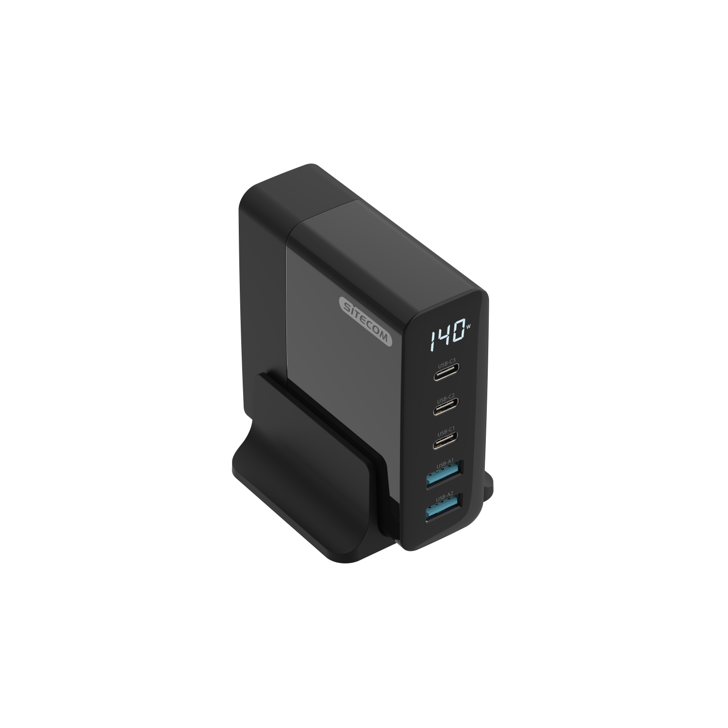 Black charging station with multiple ports. A display shows 140. The station is on a black surface.