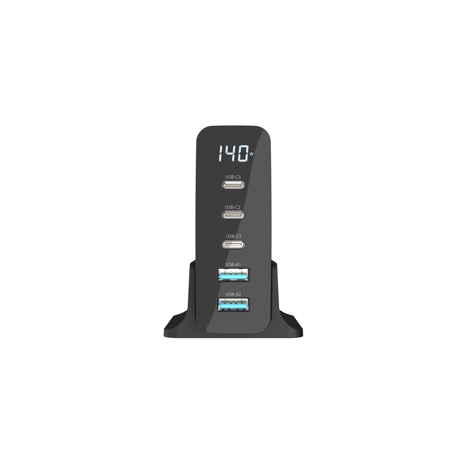 Black charging station with multiple USB ports. Digital display shows 140W. Black background. USB ports.