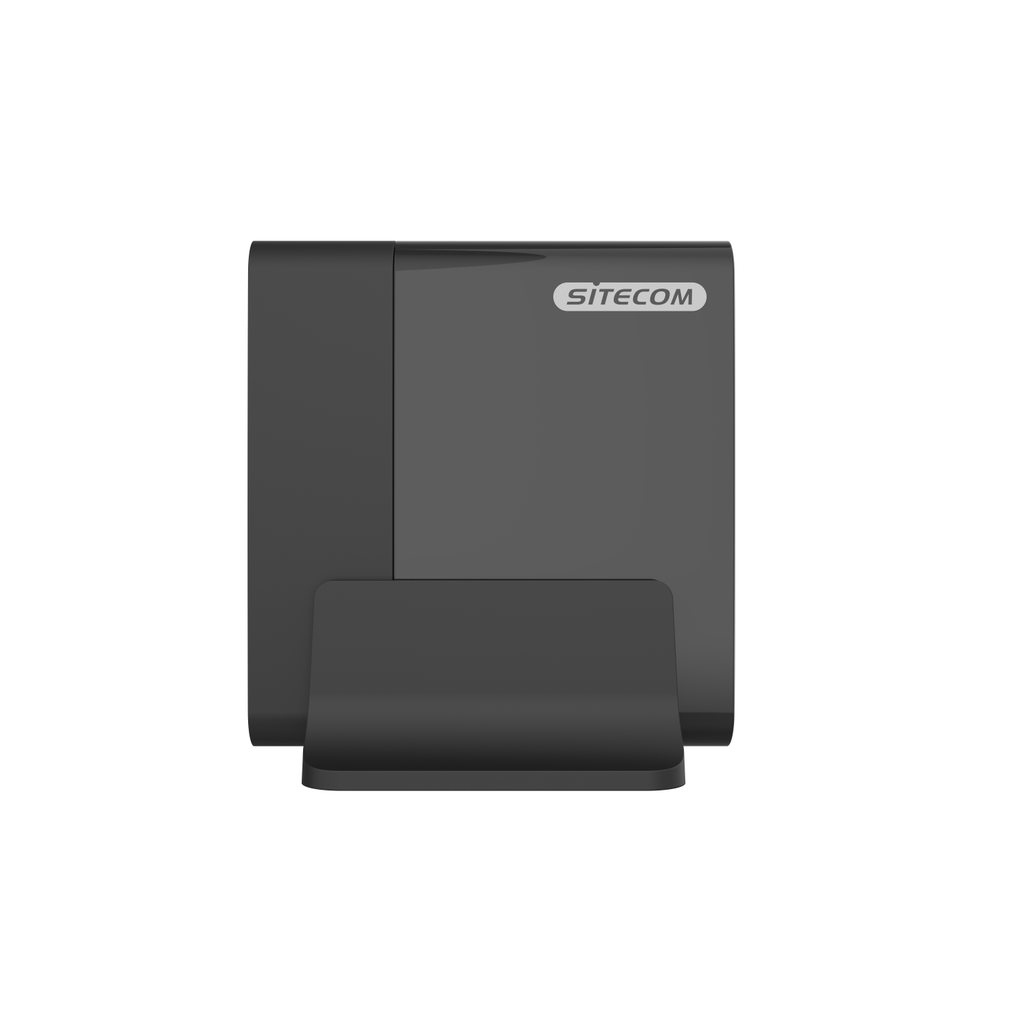 A black router named SITECOM standing upright on a white background.