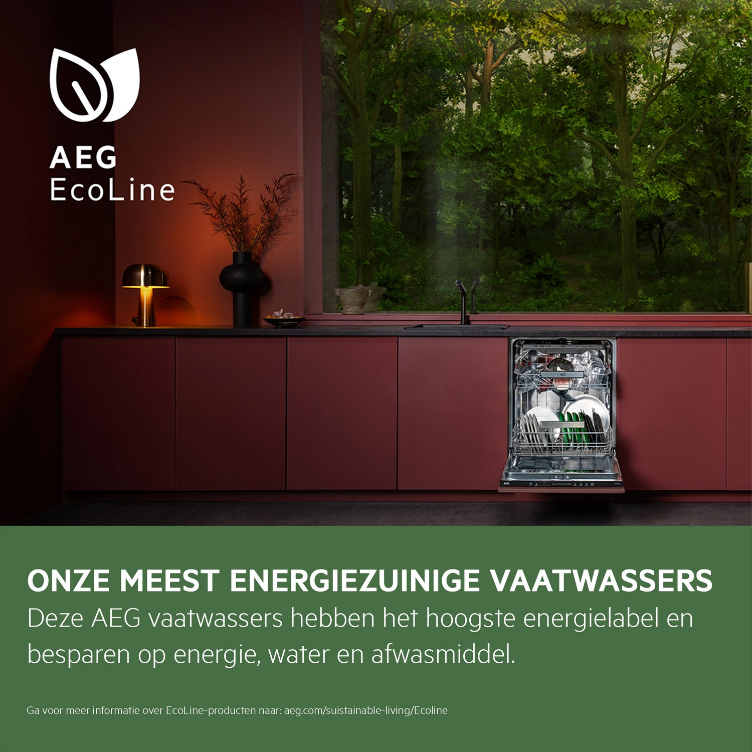 Dishwasher door open. Red kitchen with window in background. AEG logo and text.