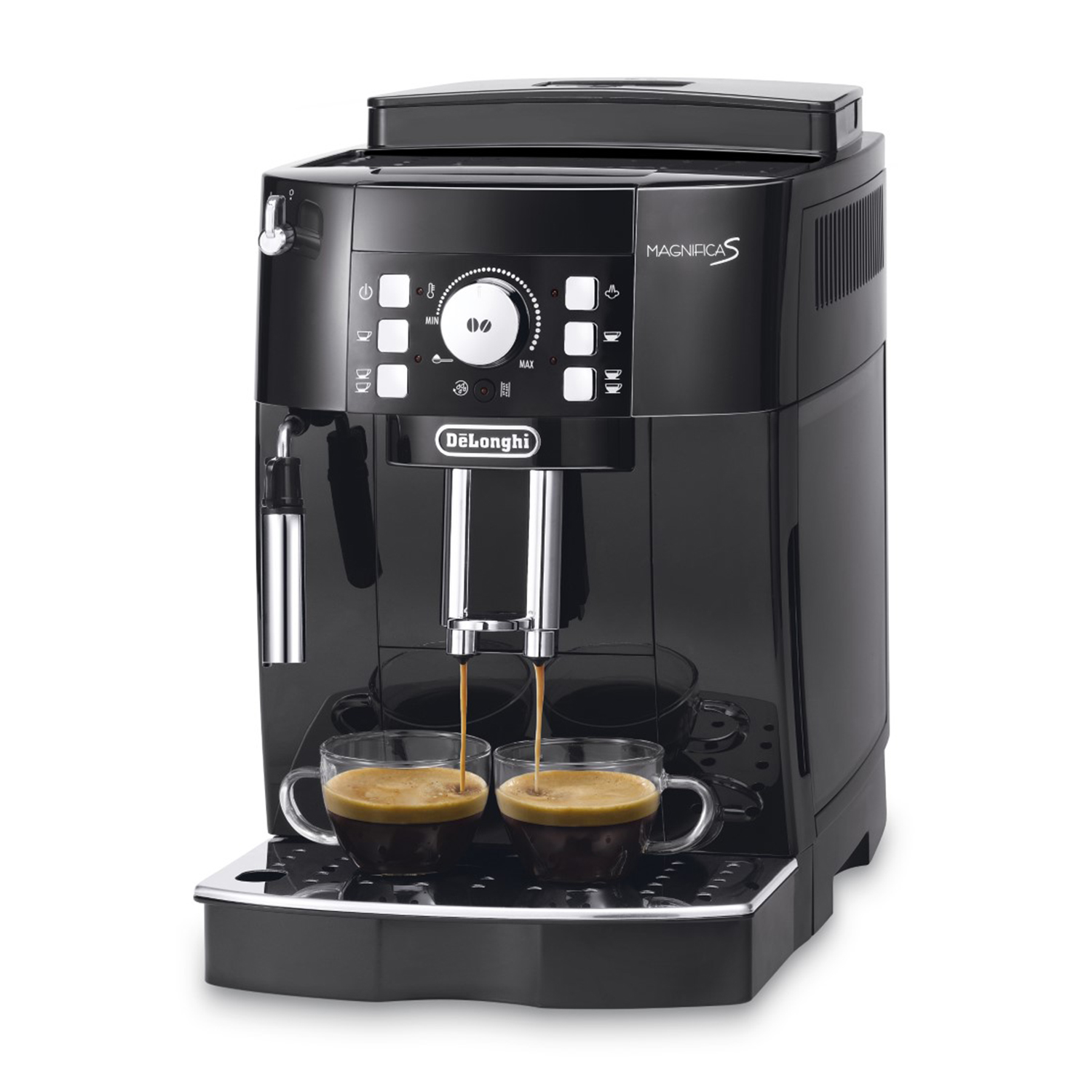 Macchina per espresso nera con due tazze che erogano caffè.