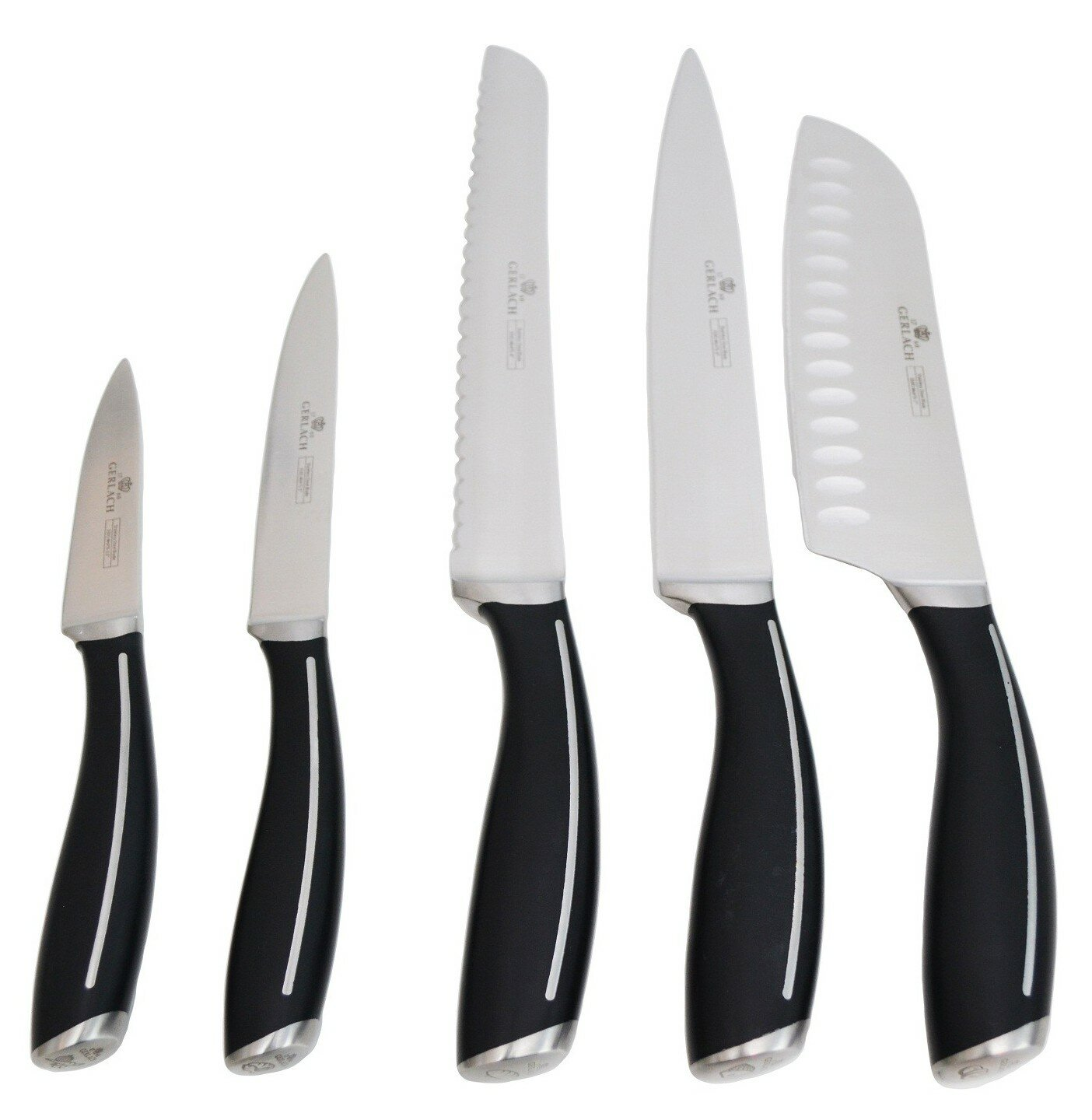 Zestaw pięciu noży kuchennych z czarnymi uchwytami i srebrnymi ostrzami.