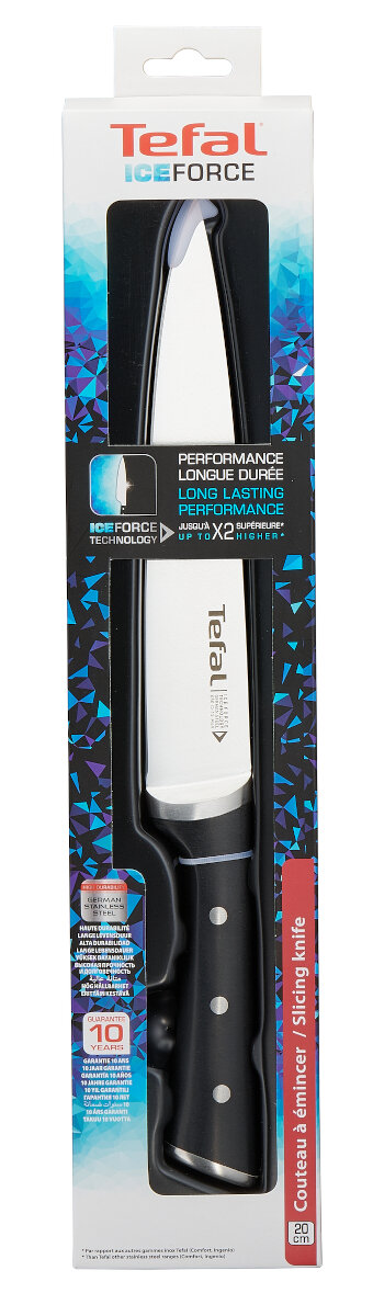 Nóż Tefal Ice Force w opakowaniu. Czarny uchwyt i białe ostrze. Niebiesko-czarne tło.
