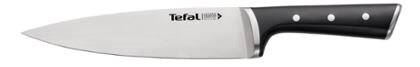 Nóż kuchenny Tefal na białym tle. Czarny uchwyt z trzema nitami, srebrne ostrze i logo Tefal.