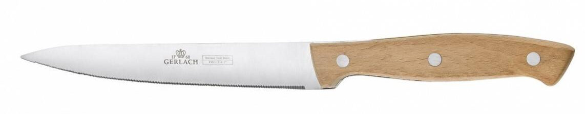 Nóż kuchenny z drewnianą rączką i srebrnym ostrzem.