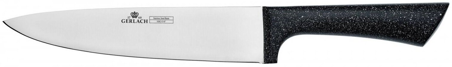 Duży nóż kuchenny ze srebrnym ostrzem i czarną, nakrapianą rękojeścią.