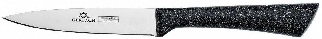 Nóż z czarnym, nakrapianym uchwytem i srebrnym ostrzem.