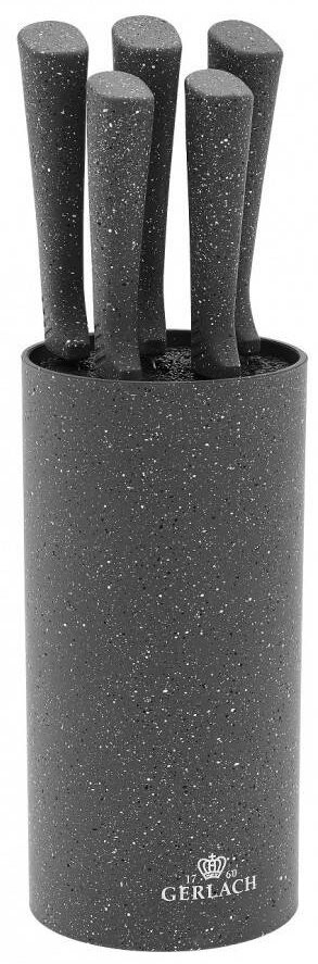 Zestaw noży z sześcioma nożami w nakrapianym szarym bloku.