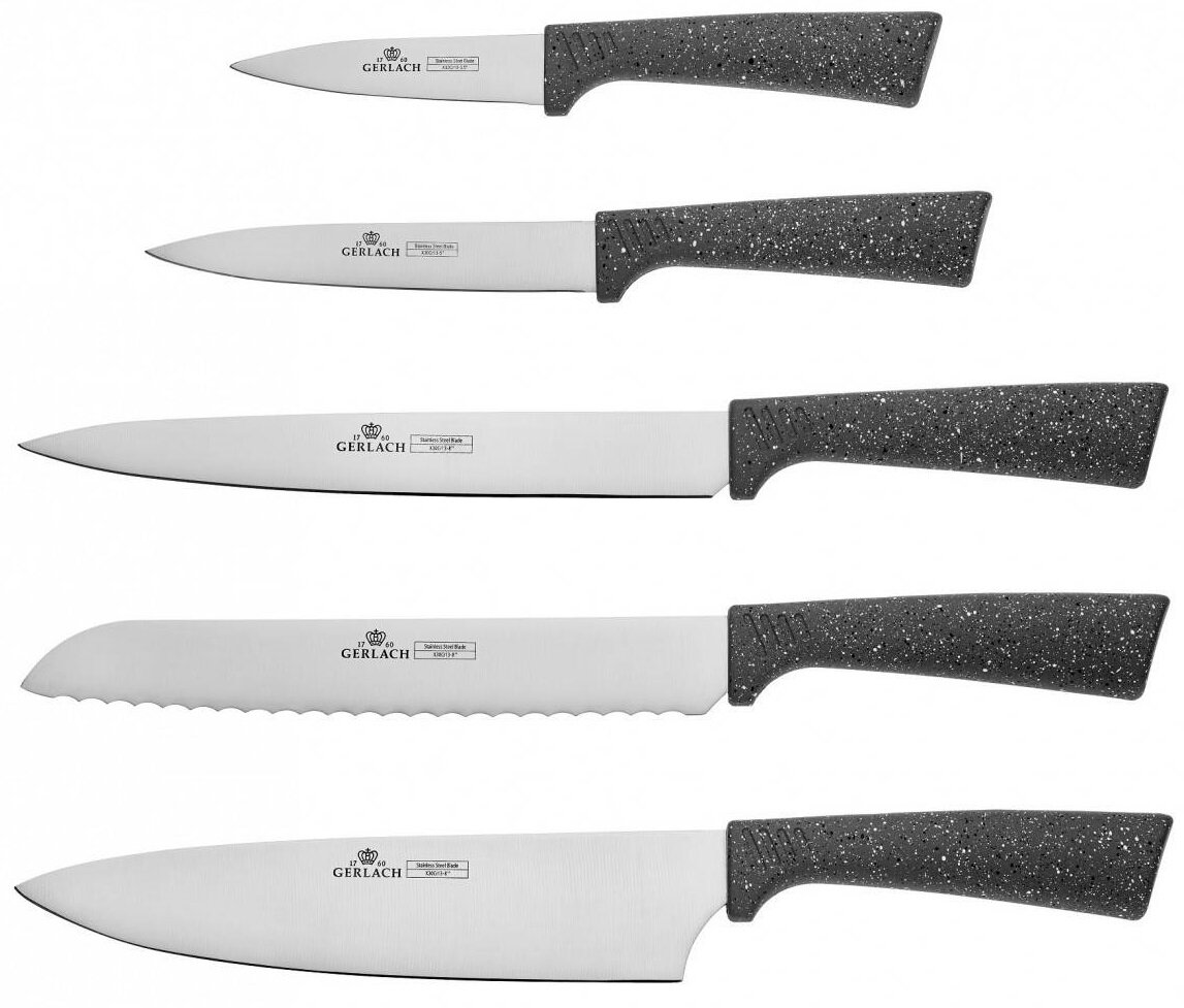Zestaw noży z czarnymi uchwytami i srebrnymi ostrzami.