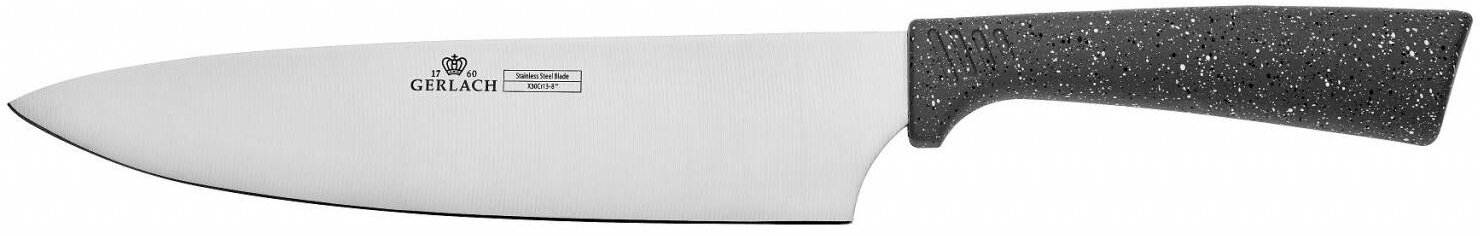 Nóż szefa kuchni z szarym, nakrapianym uchwytem i srebrnym ostrzem. Marka Gerlach.