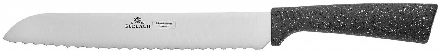 Nóż do chleba z ząbkowanym ostrzem i nakrapianą rękojeścią.