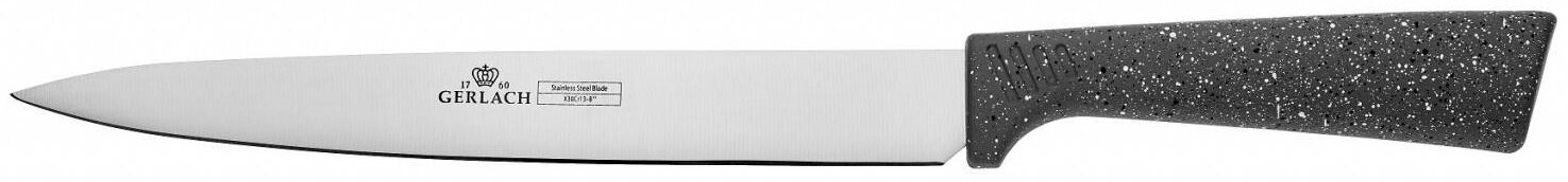 Nóż kuchenny z długim, srebrnym ostrzem i nakrapianą, ciemnoszarą rękojeścią.