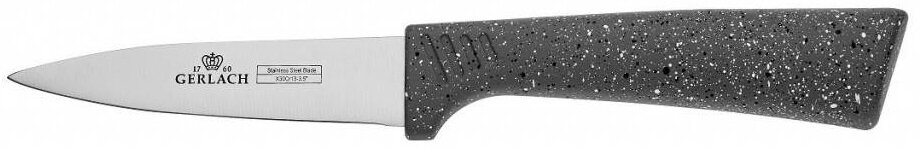 Szary nóż z nakrapianą rękojeścią. Ostrze z napisem GERLACH i jego szczegółami.