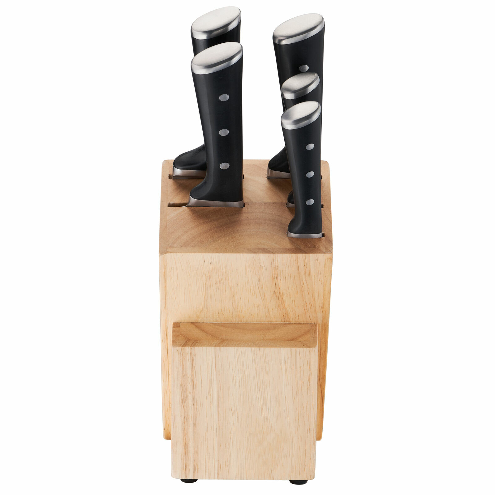 Drewniany blok na noże z pięcioma nożami, czarne uchwyty i srebrne akcenty.