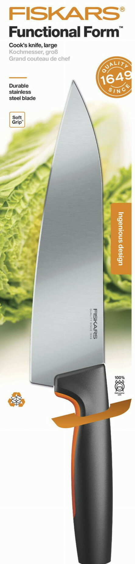 Nóż szefa kuchni ze srebrnym ostrzem i pomarańczowo-czarną rękojeścią. Opakowanie z tekstem i designem.