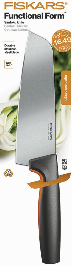 Nóż Santoku z czarnym i pomarańczowym uchwytem. Ostrze jest ze stali nierdzewnej.