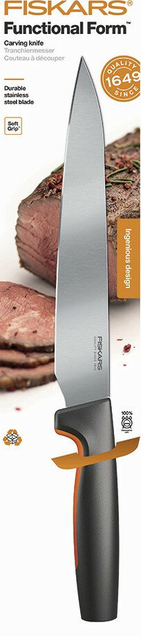 Nóż do krojenia z ostrzem ze stali nierdzewnej i pomarańczowym uchwytem, z deską.