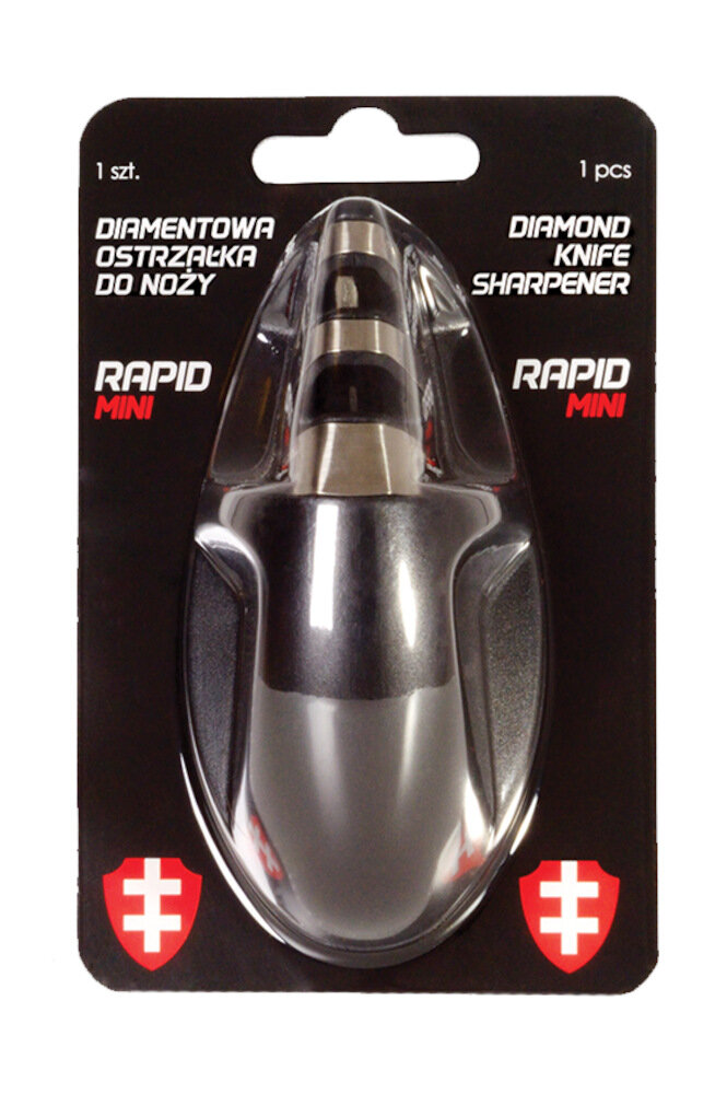 Diamentowa ostrzałka do noży w opakowaniu, czarna z białym tekstem.