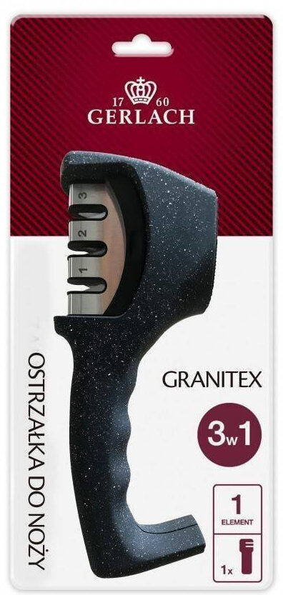 Ostrzałka do noży w opakowaniu. Czarny uchwyt z teksturowanym uchwytem. Widoczna marka i szczegóły.