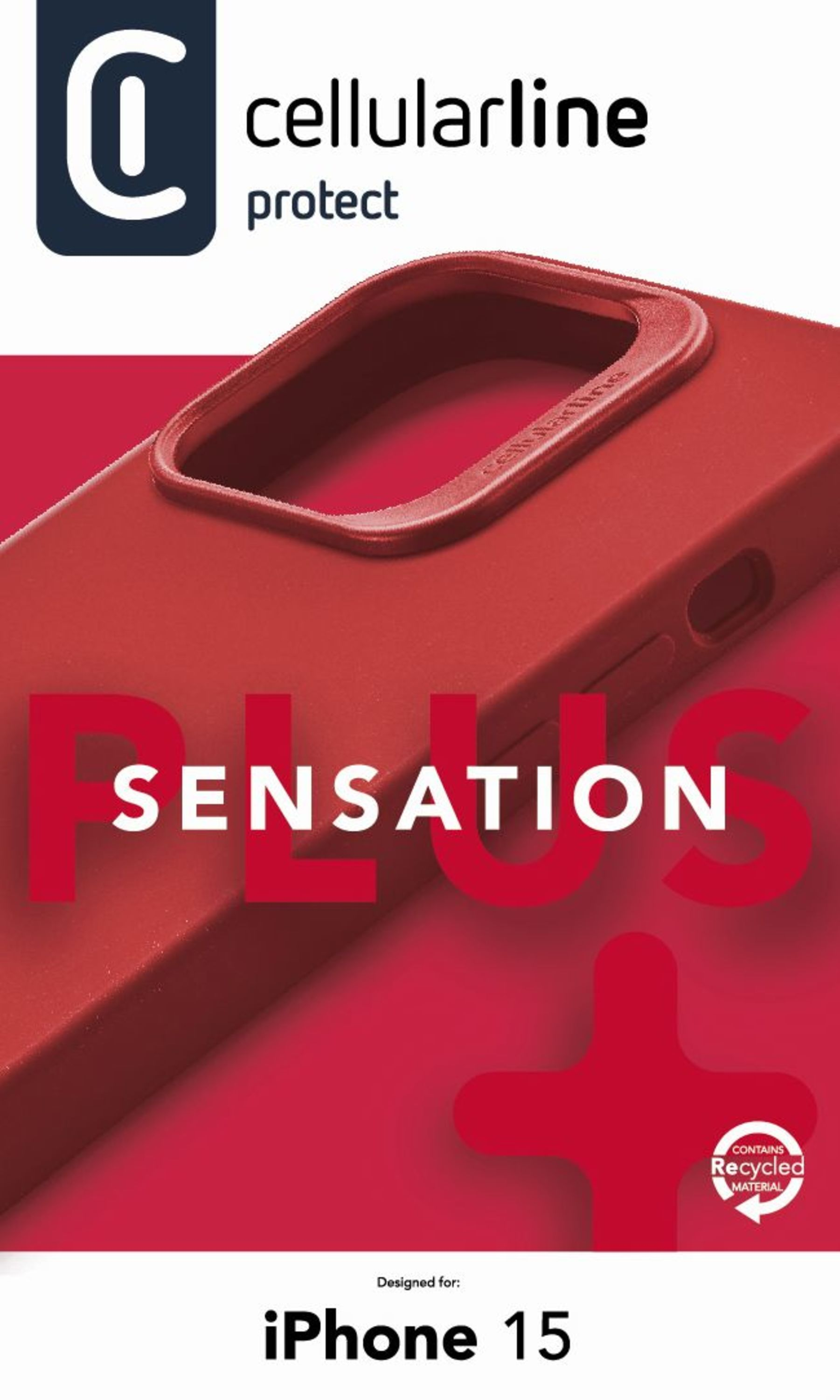 ‘SENSATION’ kelimesi ve cellularline logosu olan kırmızı bir telefon kılıfı.