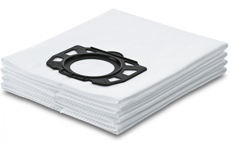 Stos białych worków do odkurzacza z czarnym plastikowym mocowaniem na górze. Worki są starannie złożone.