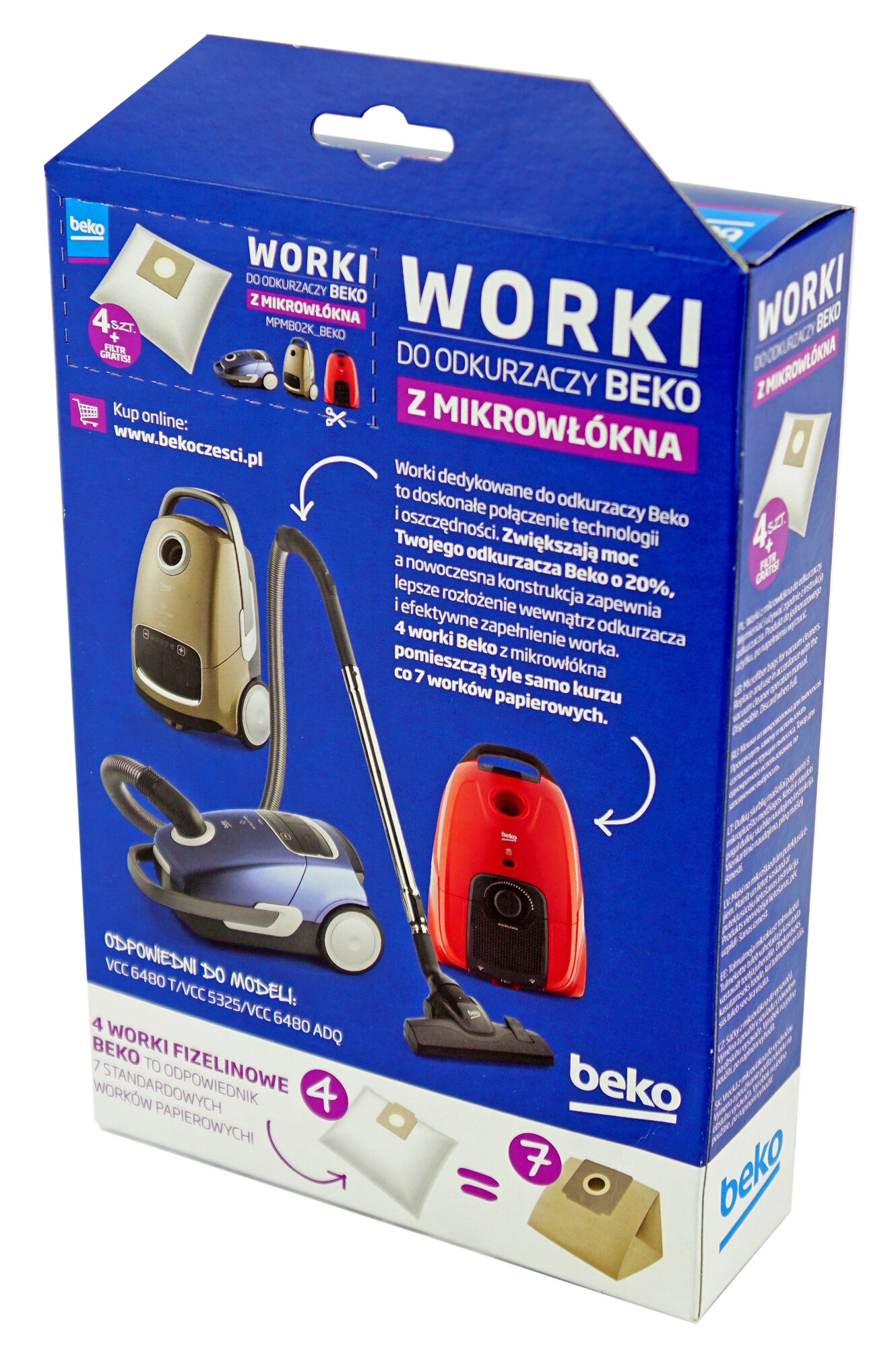 Pudełko na worki do odkurzacza z wieloma zdjęciami odkurzaczy.