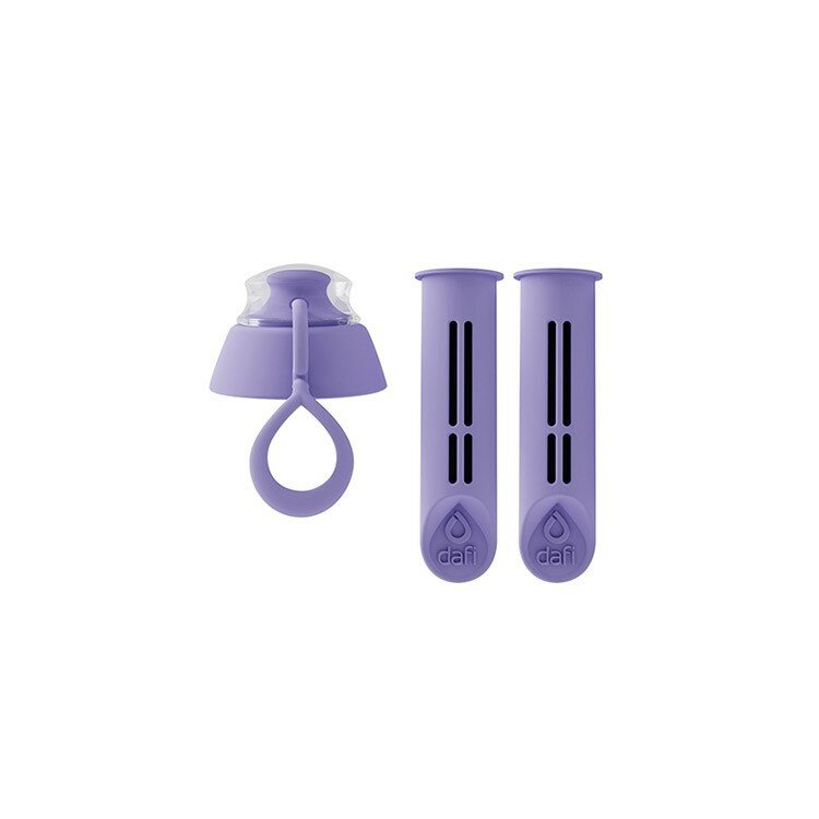 Dwa fioletowe wkłady filtra wody i pokrywka.