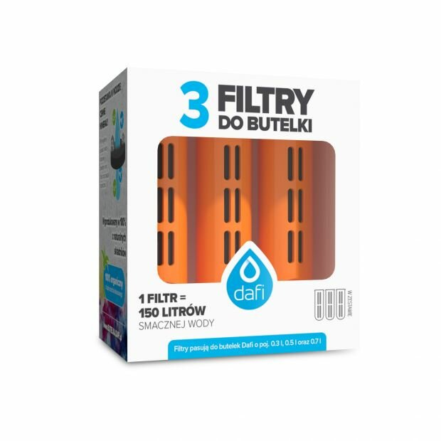 Białe pudełko z 3 pomarańczowymi filtrami do wody. Tekst: '3 FILTRY DO BUTELKI' i 'dafi'.
