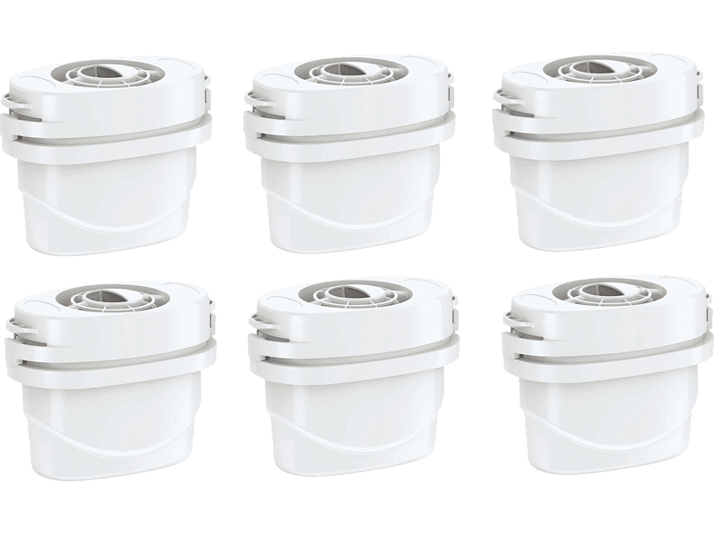 Sześć białych wkładów filtrów wody.