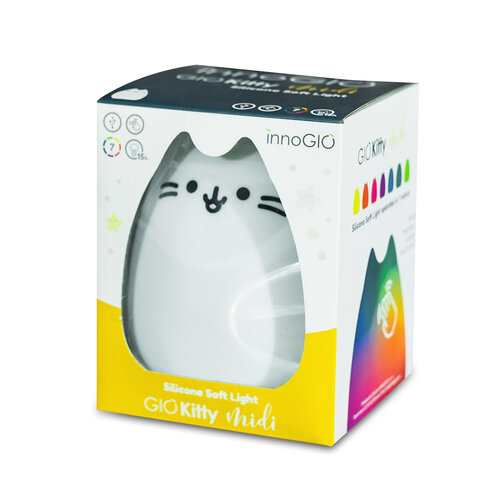 Pudełko z białą lampką nocną w kształcie kota. Tekst: "GIO Kitty midi". Izolowane na białym tle.