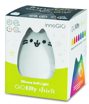 Pudełko pokazujące białą lampkę nocną w kształcie kota, z tekstem 'innoGIO' i 'GIO Kitty MINI'.
