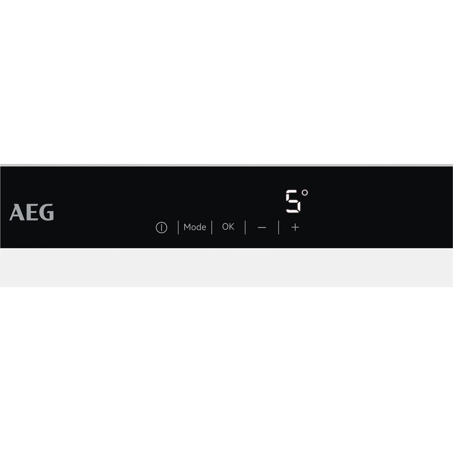 Table de cuisson noire avec affichage numérique '5°'. Logo AEG à gauche. Fond blanc.