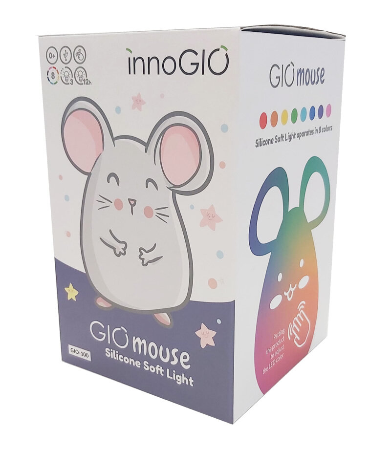 Pudełko z myszką z kreskówki. Myszka ma różowe uszy i jest biała. Na pudełku napis GIO mouse.