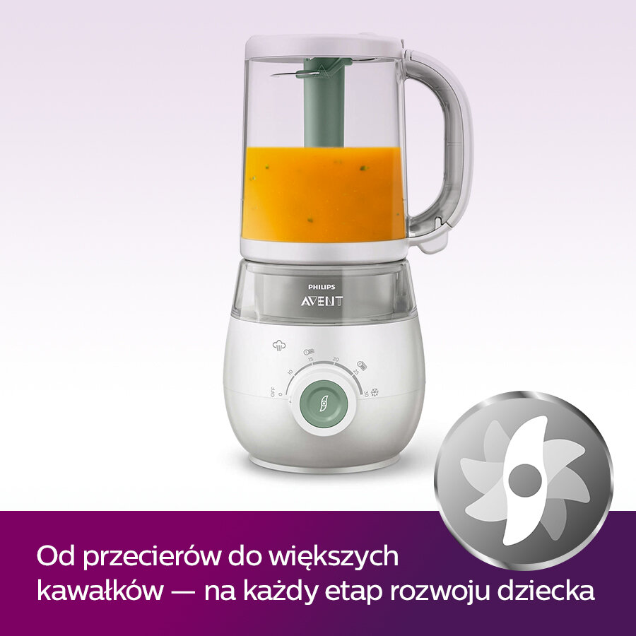 Biały robot kuchenny Philips Avent z pomarańczową zupą w środku.