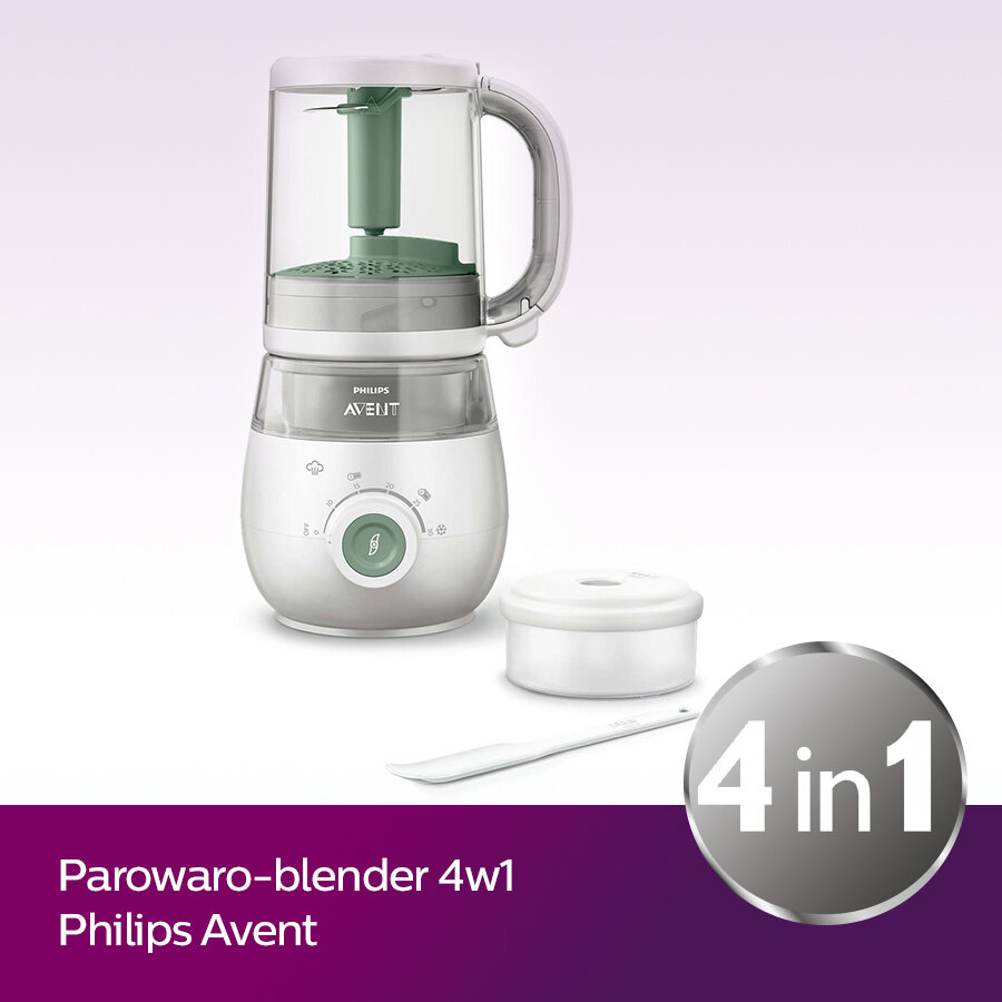 Biały blender Philips Avent 4w1 z zielonymi detalami.