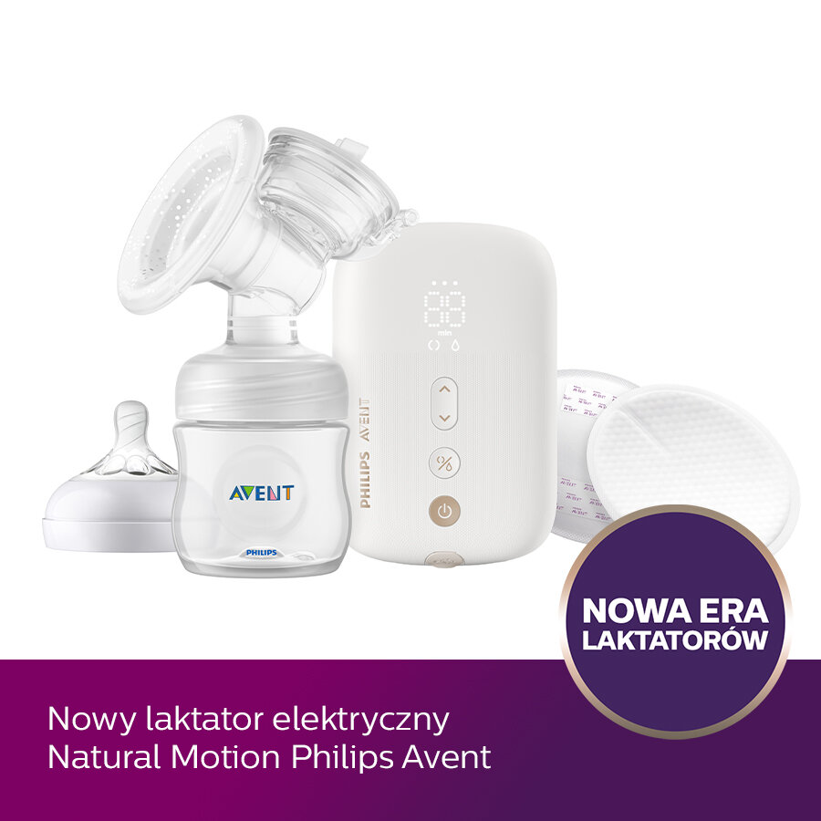 Biały zestaw laktatora Philips Avent z butelką i smoczkiem.