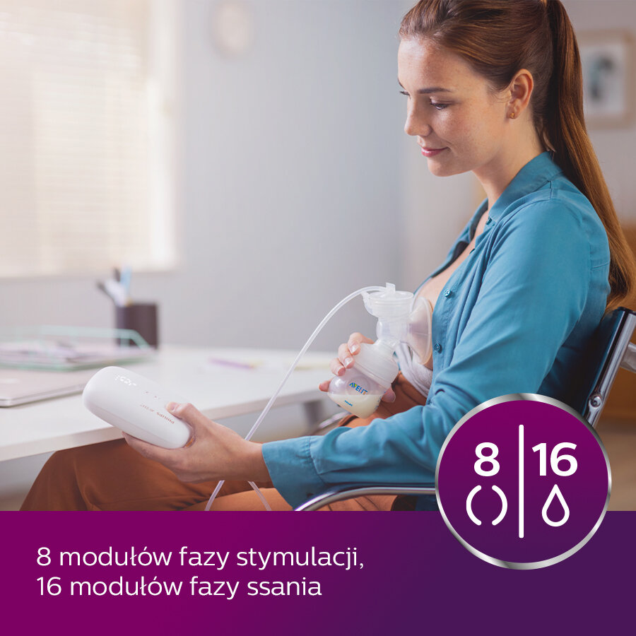 Kobieta używa laktatora. Biała pompka i butelka z mlekiem. Biurowe tło.