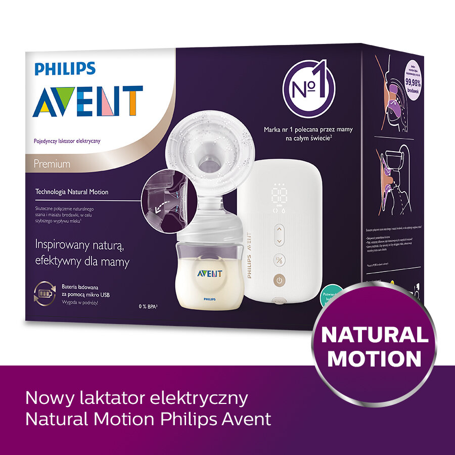 Elektryczny laktator Philips Avent z cyfrowym wyświetlaczem i butelką.