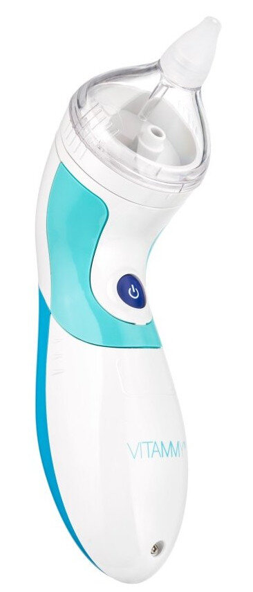 Biało-niebieski aspirator do nosa z przezroczystą końcówką.