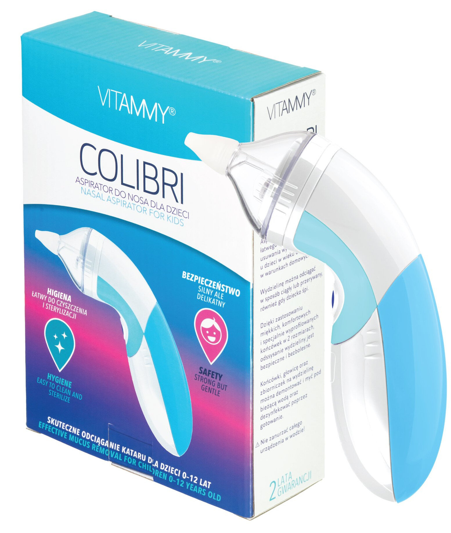 Pudełko aspiratora do nosa z niebiesko-białym aspiratorem. Tekst na pudełku wskazuje, że jest dla dzieci w wieku 0-12 lat.
