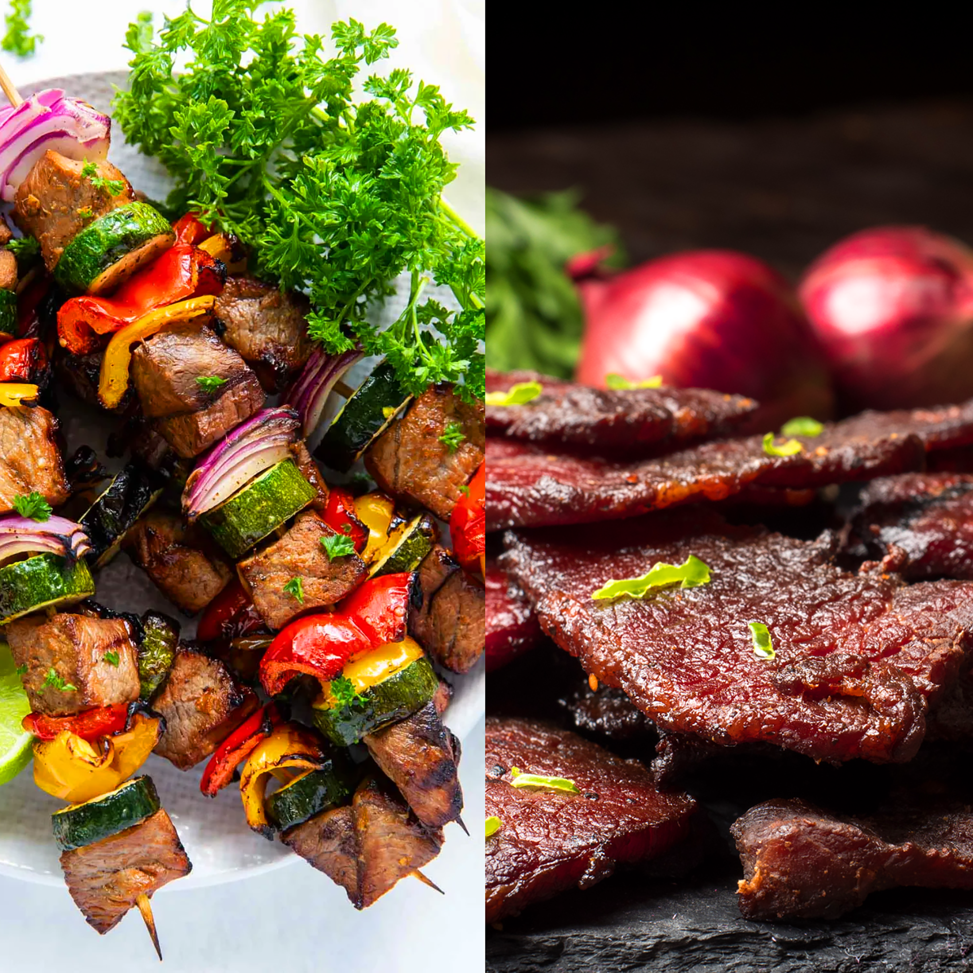 Két ételfotó egymás mellett. Balra: Grillzöldséges nyársak. Jobbra: Szárított hús. Fehér háttér.