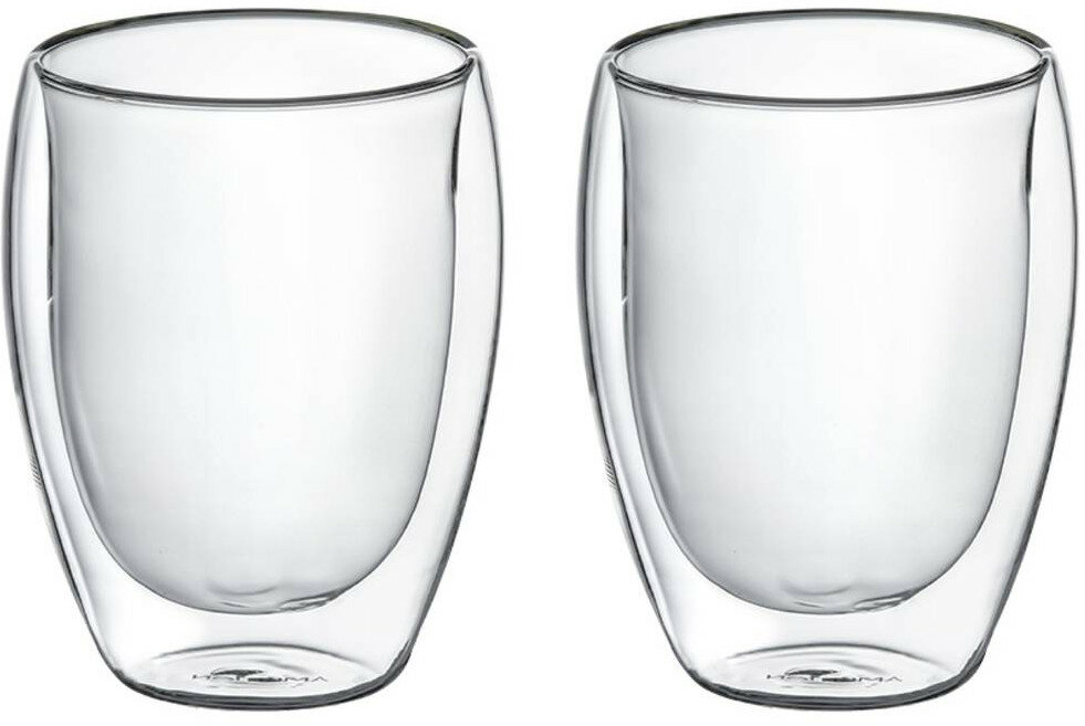 Dwa przezroczyste szklanki z podwójnymi ściankami na białym tle.