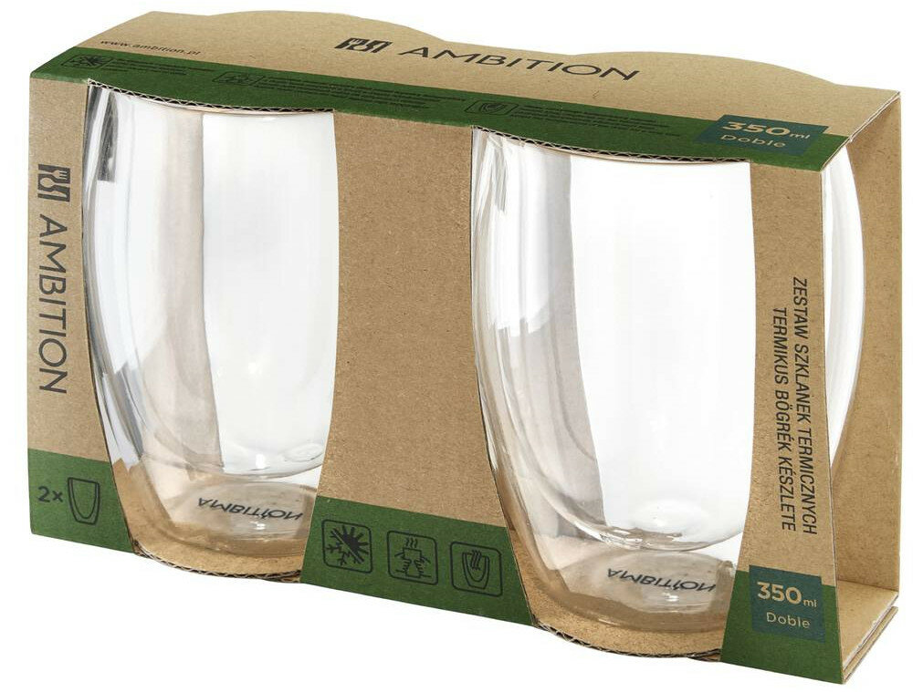 Dwa przezroczyste, podwójne szklanki do picia w kartonowym pudełku.