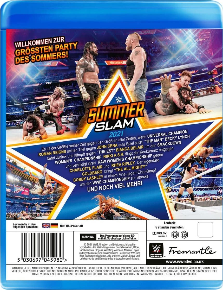 WWE SummerSlam 2021 Blu-ray Cover mit Wrestlern und Titel. Farbig, dynamisch.