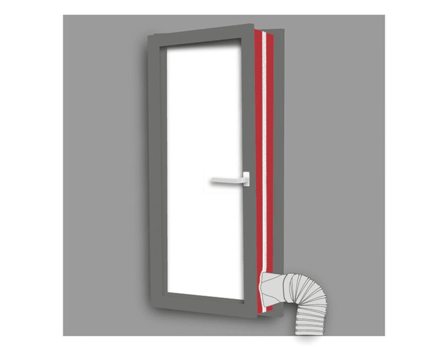 Drzwi i okno z rurą wychodzącą od dołu. Ściana jest szara.