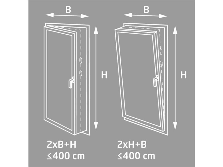 Schemat okna z wymiarami, pokazujący dwie pozycje otwarte i zamknięte, na szaro.