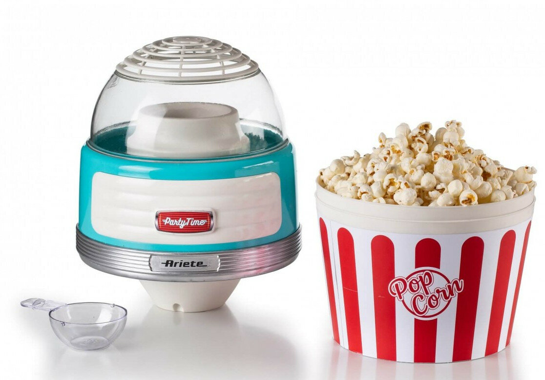 Maszyna do popcornu i wiadro popcornu. Maszyna jest turkusowa i biała. Wiadro jest czerwone i białe.