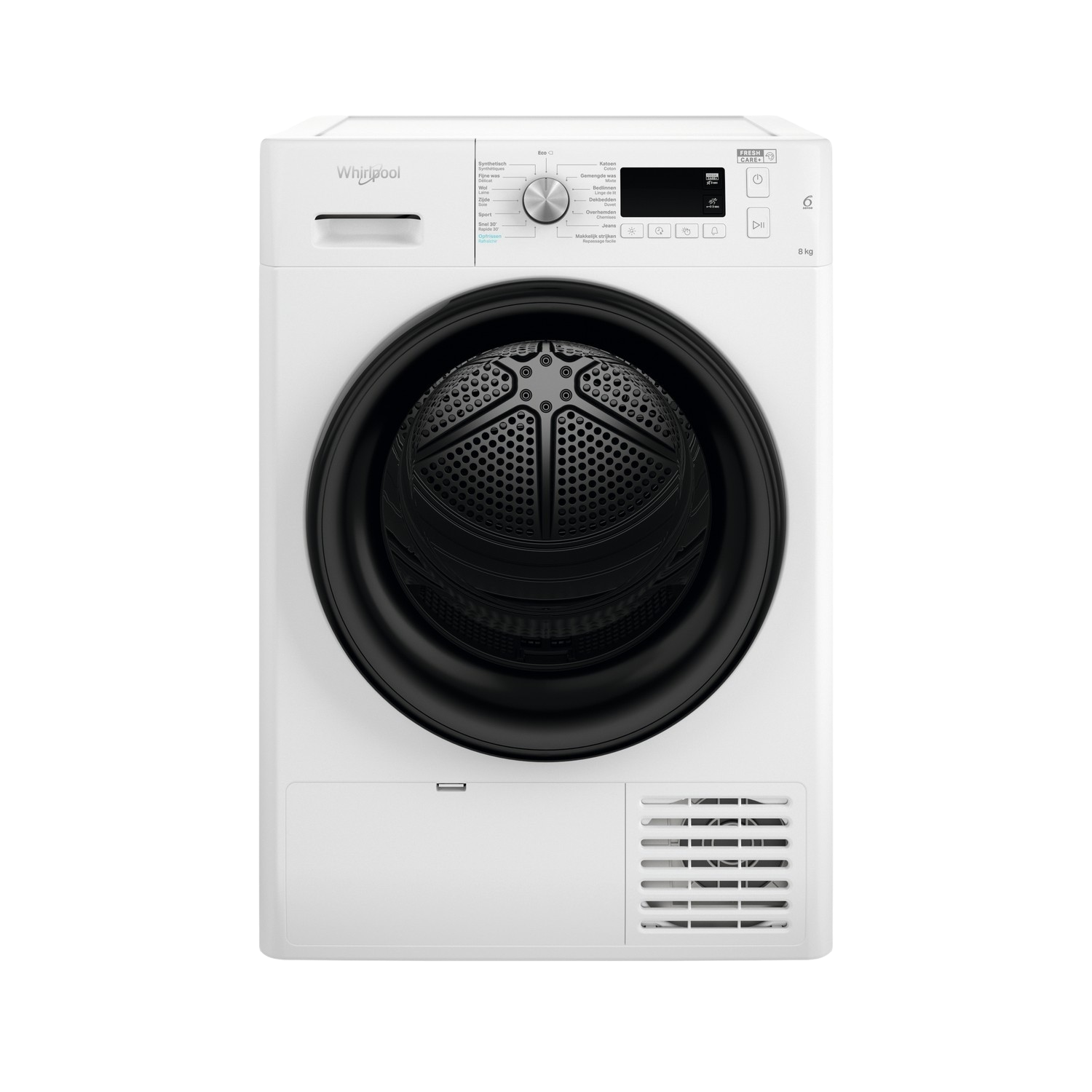 Witte Whirlpool droger. Het heeft een zwarte deur en bedieningspaneel. Een ventilatie onderaan.